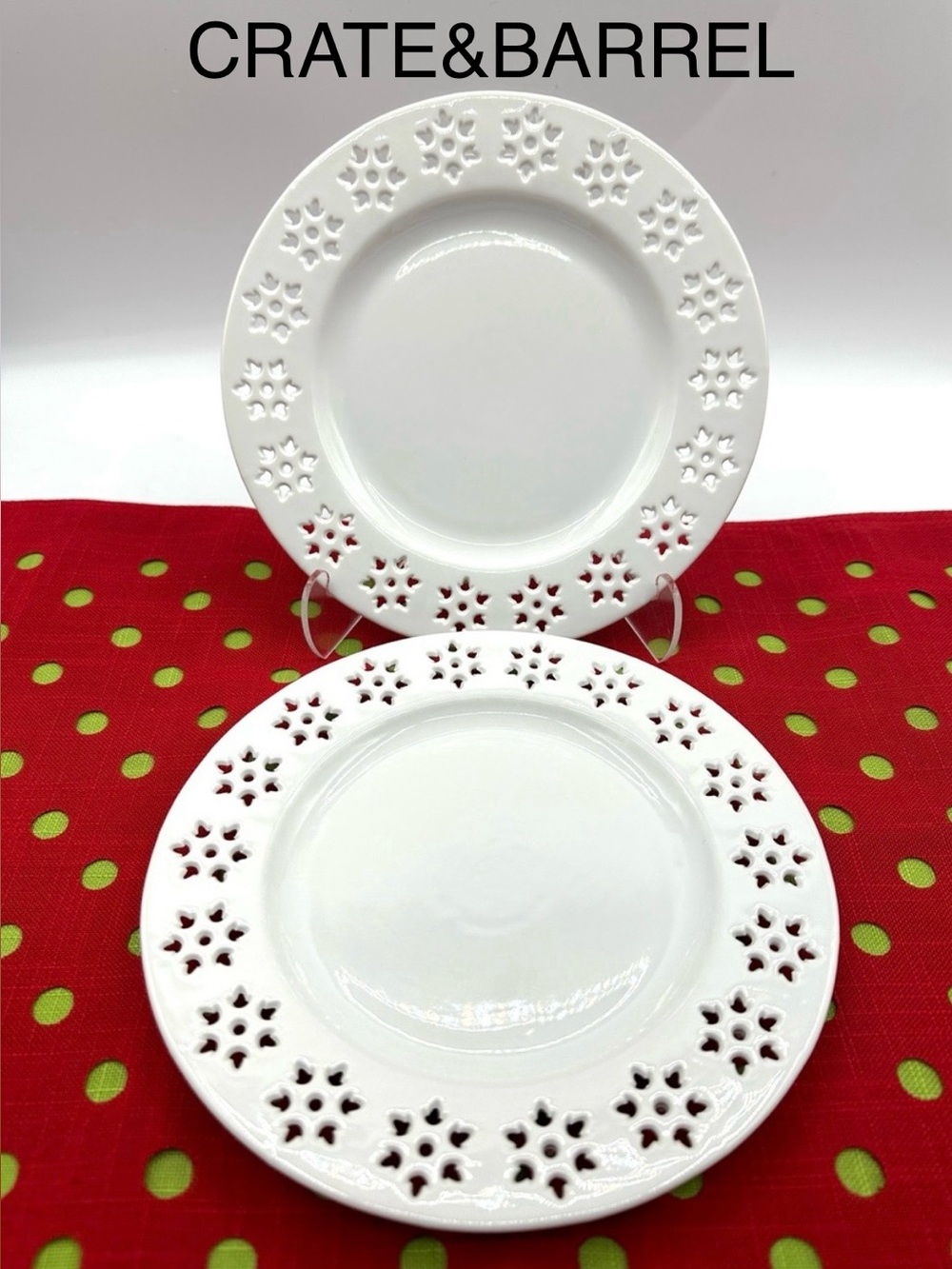 2 Crate&Barrel Snowflake Lace, Reticulated Dessert Plates. 7.75”